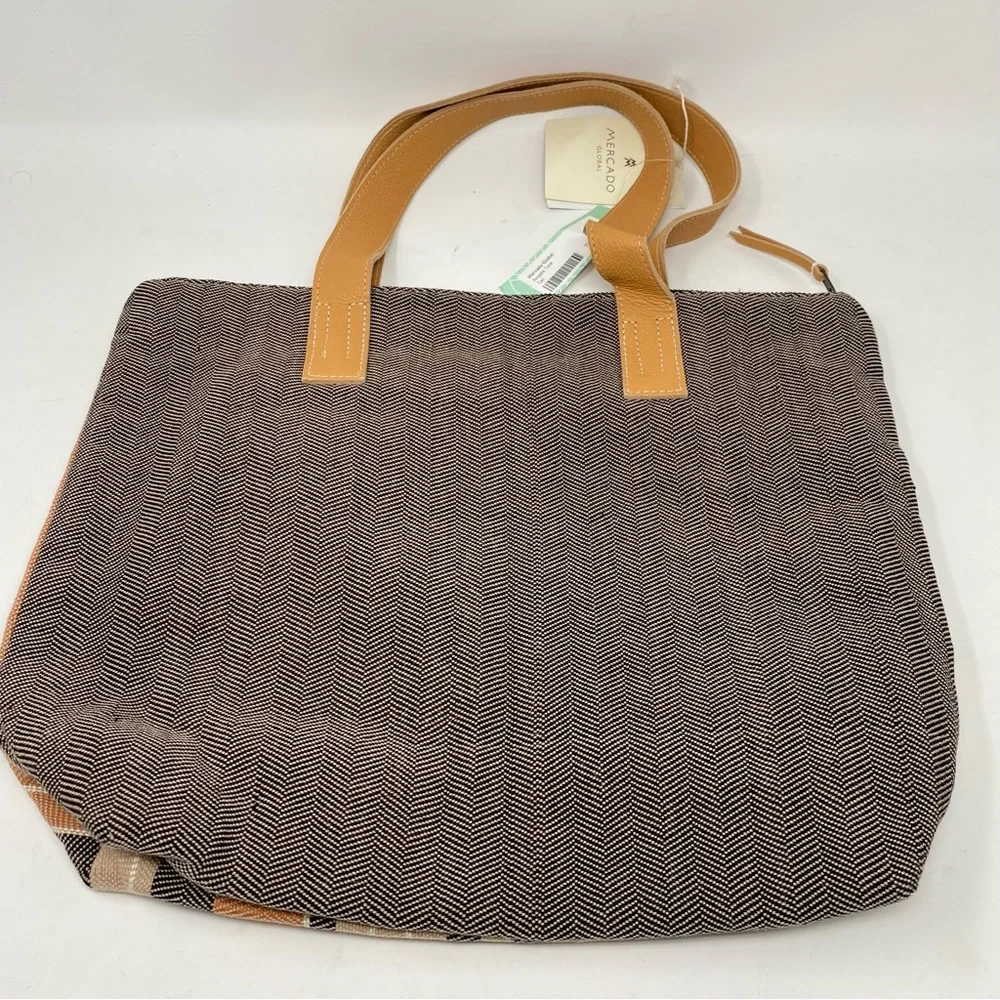 NWT Mercado Global Angela Tote Tan Canvas Leather Straps Chevron Pattern